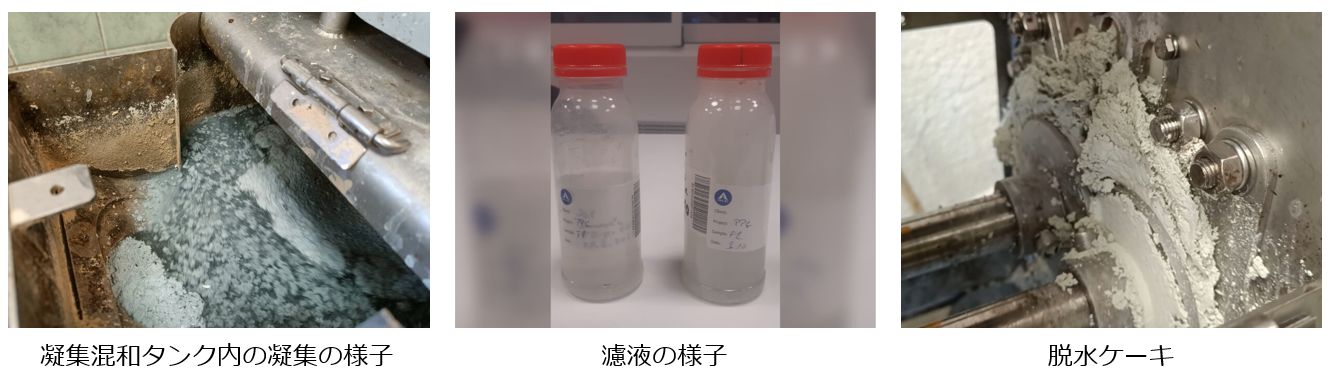 凝集の様子、ろ液の様子、脱水ケーキ